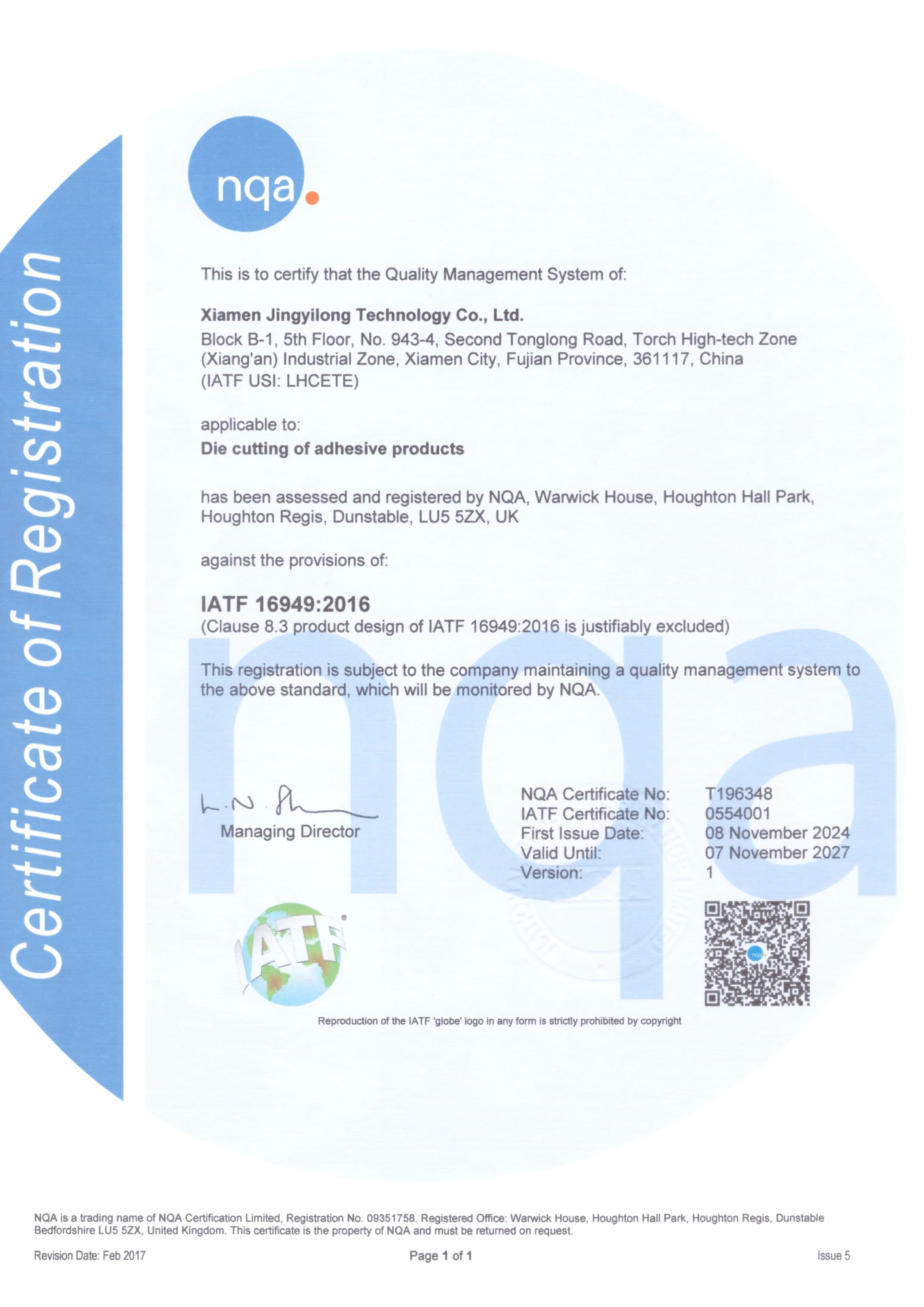 IATF 16949:2016 Certificate of Registration issued by NQA