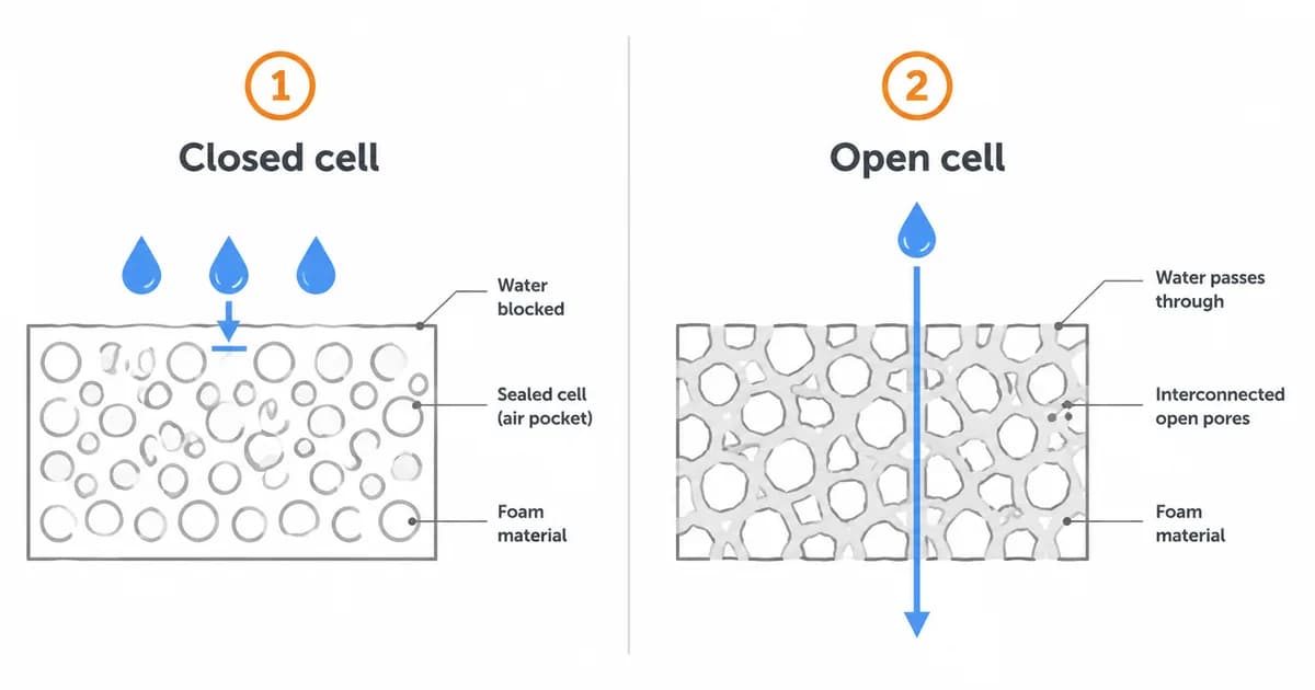 Cross-section comparison of closed-cell and open-cell foam gasket material: sealed cells block water, interconnected open pores let it pass through