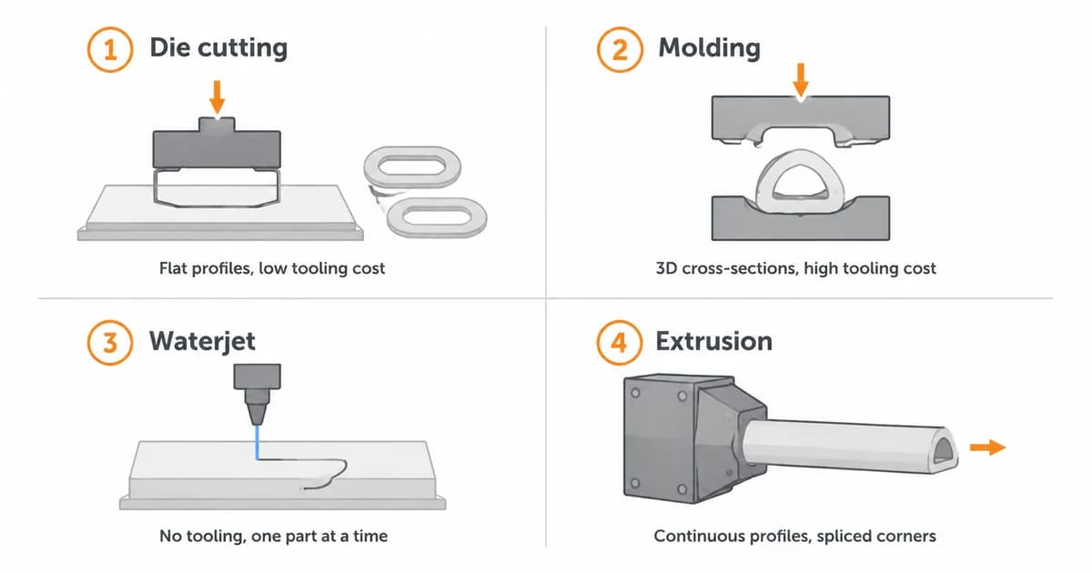 Four gasket forming methods compared: die cutting, compression molding, waterjet cutting, and extrusion