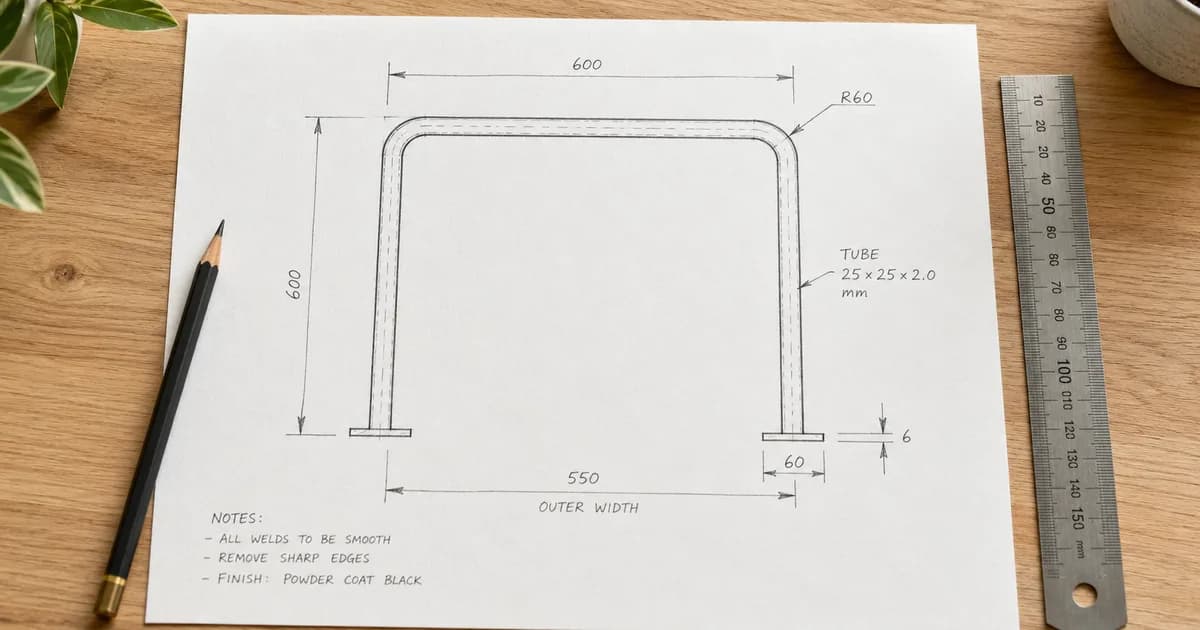 Dimensioned sketch of a U-shaped custom die-cut adhesive part with measurements annotated