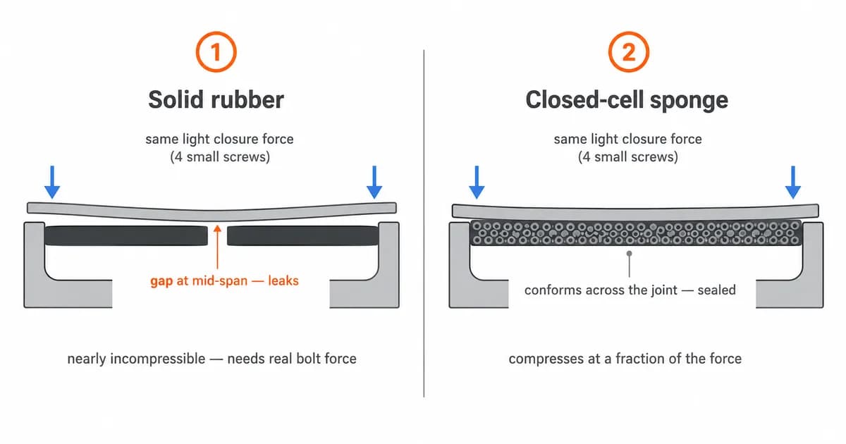 Cross-section comparison of a solid rubber gasket and a closed-cell sponge gasket under the same light closure force: the solid gasket leaves a gap at mid-span while the sponge conforms across the joint