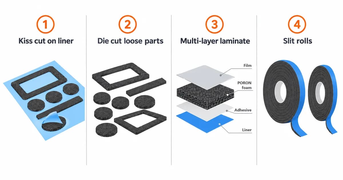 Four ways PORON parts are delivered: kiss cut on liner, die cut loose parts, multi-layer laminate, and slit rolls