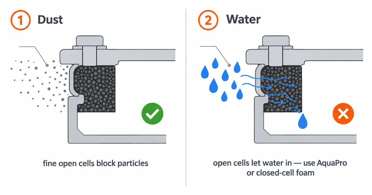Compressed open-cell PORON gasket blocks dust particles but lets water wick through its cells